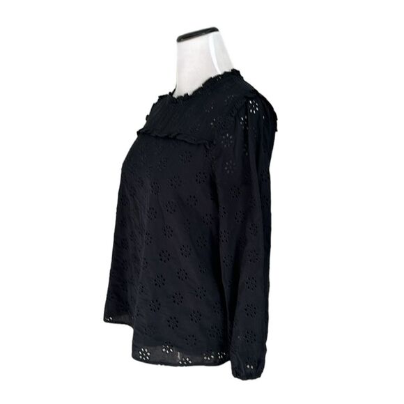 J. Crew High Neck Eyelet Cotton Blouse Lined Ruffled Neckline Elastic Sleeves M - Picture 12 of 12